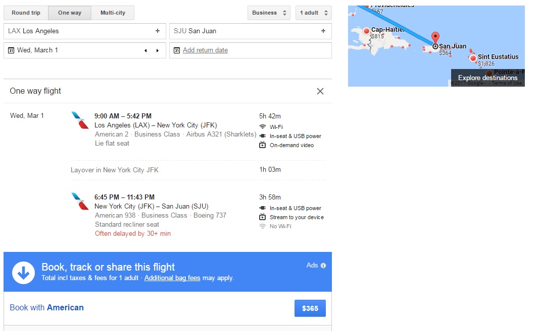 365 one way business class lie flat seat from LAX to San Juan on American Airlines Josh Trips